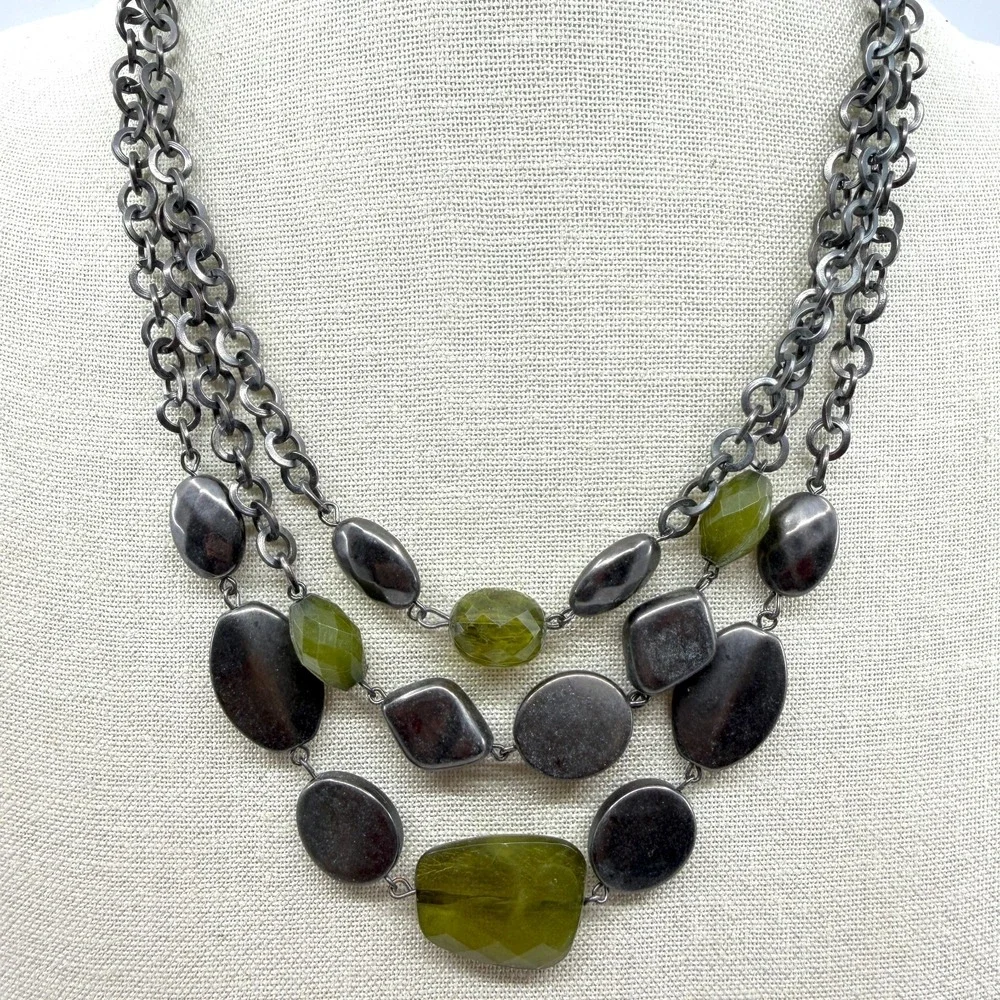 Green Faceted Bead Silver Tone Multi Strand Chunky Statement Bib Necklace Boho